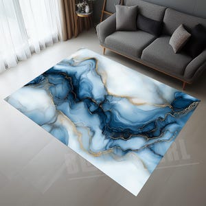 Blue Marble Area Rug: Abstract Velvet Home Decor