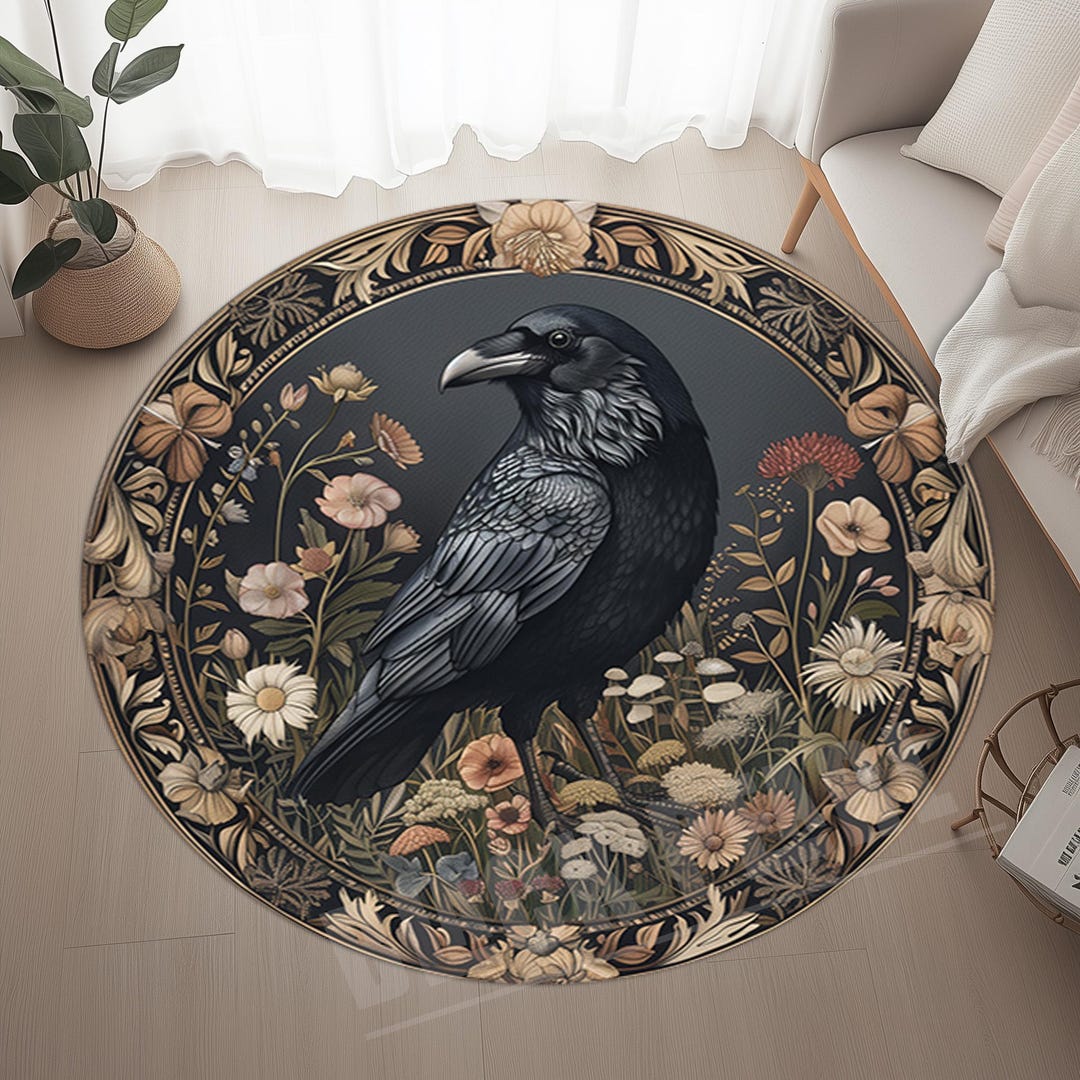 Crow Rug, Floral Gothic Design, Round Home Decor Rug - Etsy