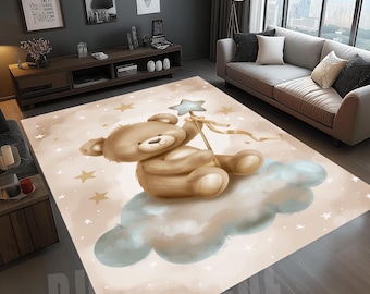 Cute Bear Rug, Stars Rug, Bear Area Rug, Cloudy Decor Rug, Baby Decor Rug, Bear Modern Rug, Baby Room Rug, Bear Design Rug, Kids Bedroom Rug
