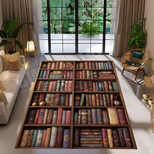 May include: A rectangular area rug with a printed design of a bookshelf filled with antique books. The rug features a brown frame and a variety of book colors, including red, blue, and gold. The rug is placed on a white floor.