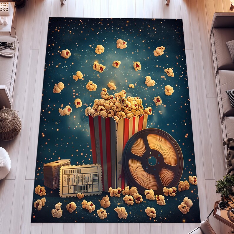 First Popcorn Machine Rug Popcorn & Film Reel Rug: Modern Movie Room Decor - Etsy