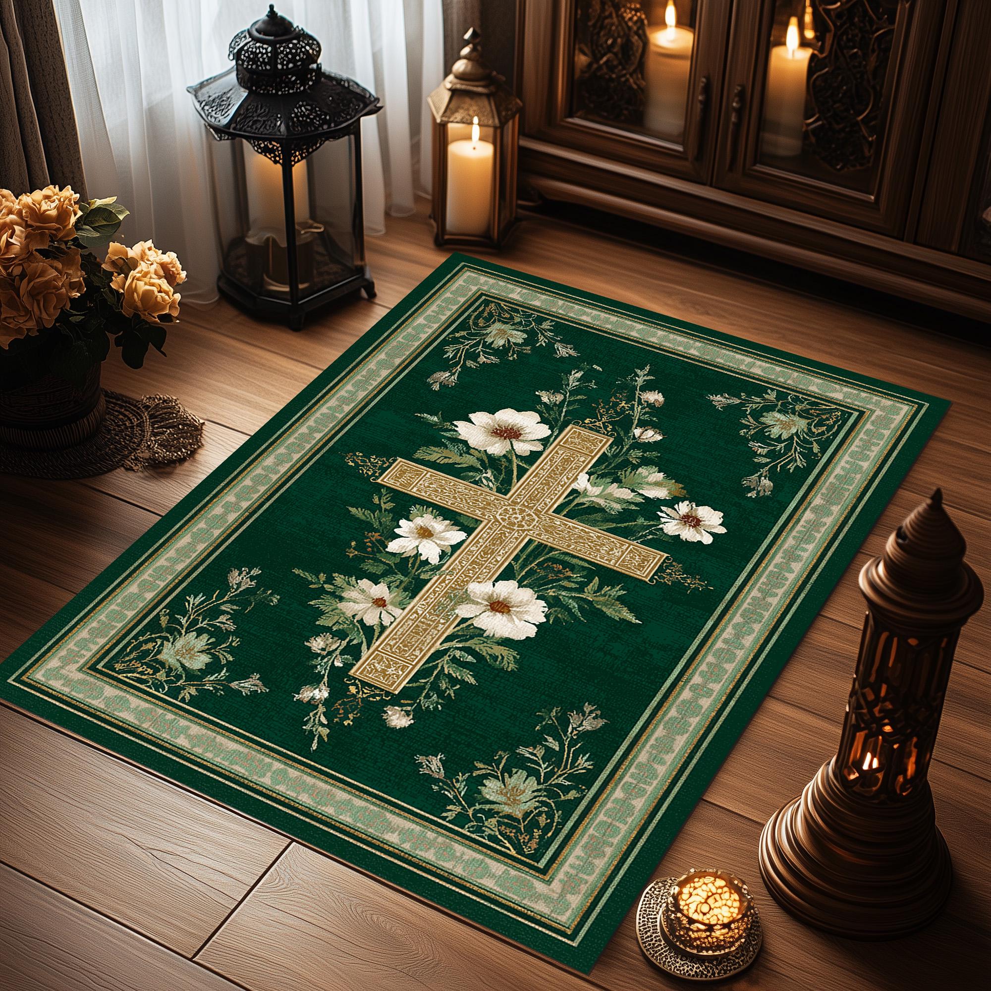Personalized Christian Prayer Rug, Green Cross Rug, Catholic Home Decor ...