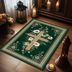 Personalized Christian Prayer Rug, Green Cross Rug, Catholic Home Decor