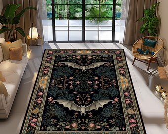 Gothic Bat Rug, Dark Floral, Mystical Garden