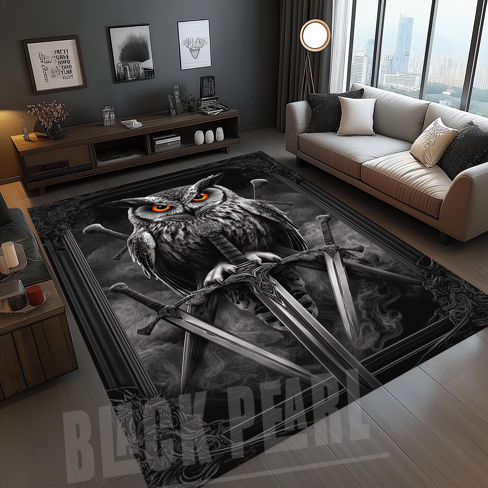Gothic Owl Sword Rug, Dark Fantasy Warrior Animal Carpet, Mystic Decor Home