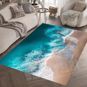 Teal Sea Rug: Coastal Waves Design, Non-Slip Cotton Base