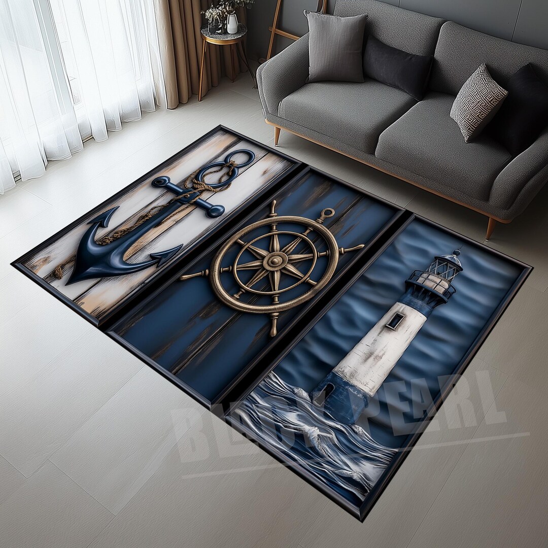 Nautical Anchor, Rudder & Lighthouse Rug: Sea Decor - Etsy