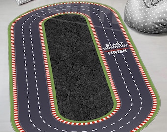 Race Track Kids Rug: Oval Car Playmat, Boys Room Decor