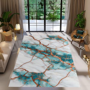 Turquoise Marble Rug with Copper Lines: Modern Home Decor