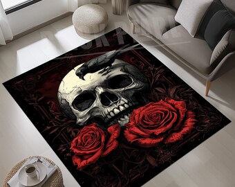 Skull & Roses Rug: Gothic Crow Design, Living Room Decor