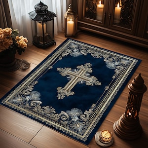 Personalized Navy Christian Prayer Rug: Cross Symbol, Catholic Gift