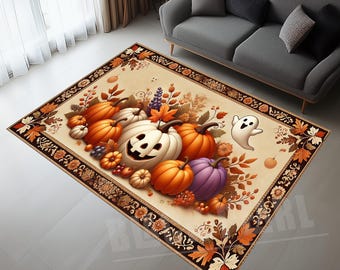 Pumpkin & Leaves Halloween Rug: Autumn Decor, Non-Slip Cotton Base