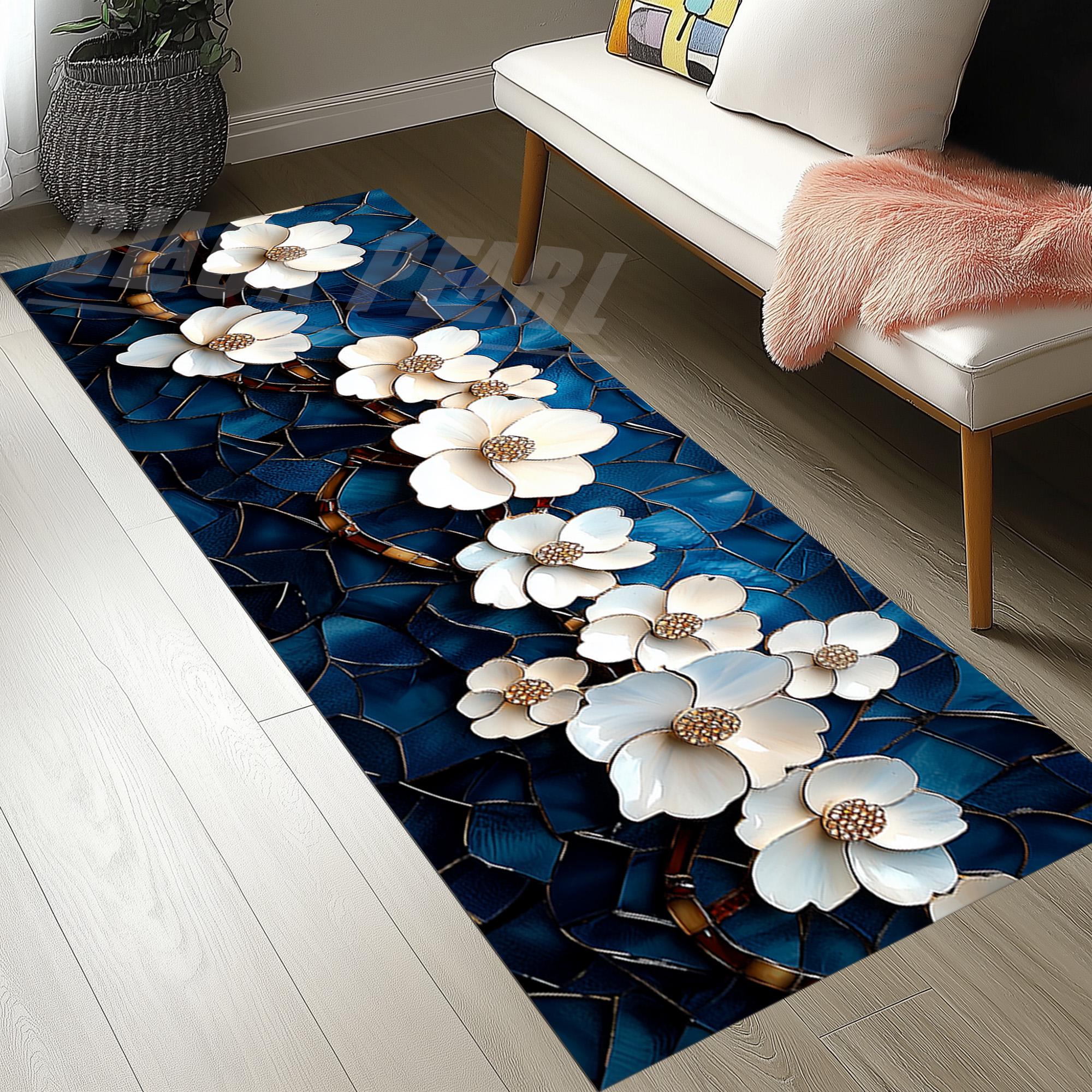 3D Cherry Blossom Rug: Blue Mosaic Sakura Runner - Etsy