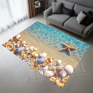 May include: A blue and beige beach-themed rug with a starfish and seashells. The rug has a light blue background with a beige sand-like area with seashells and a starfish in the center.