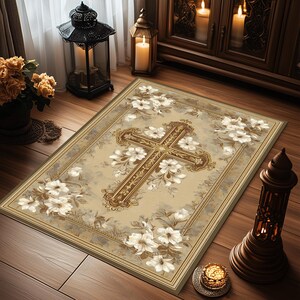 Personalized Beige Prayer Rug, Christian Cross Floral Mat