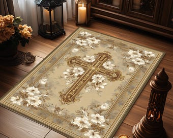Alfombra de oración beige personalizada, tapete floral con cruz cristiana