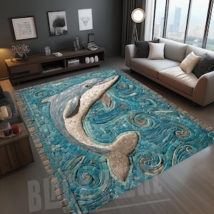 May include: A rectangular area rug featuring a mosaic design of a dolphin leaping through stylized ocean waves. The rug's color palette includes shades of blue, beige, and brown, creating a textured, artistic effect. The rug is placed in a living room setting.
