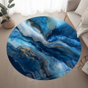 Blue Marble Round Rug: Washable Velvet, Non-Slip Cotton Base