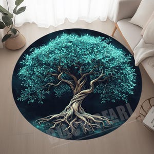 Teal Tree of Life Round Rug: Living Room Decor