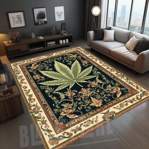 May include: A rectangular area rug with a dark blue background and a large, light green cannabis leaf in the center. The rug features floral and leaf patterns in shades of gold, green, and brown, with a cream-colored border.
