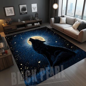 Howling Wolf Velvet Rug: Modern Night Decor, Non-Slip Cotton Base