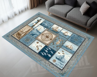Nautical Lighthouse Area Rug: Compass & Fish Decor