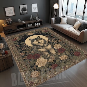 Wolf Area Rug: Framed Design, Forest Animal Decor