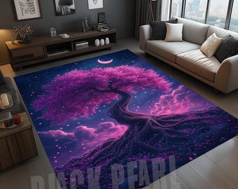 Purple Tree of Life Rug: Crescent Moon Night Decor