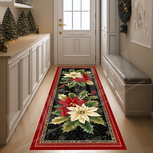 Poinsettia Christmas Runner Rug, Non-Slip Hallway Decor