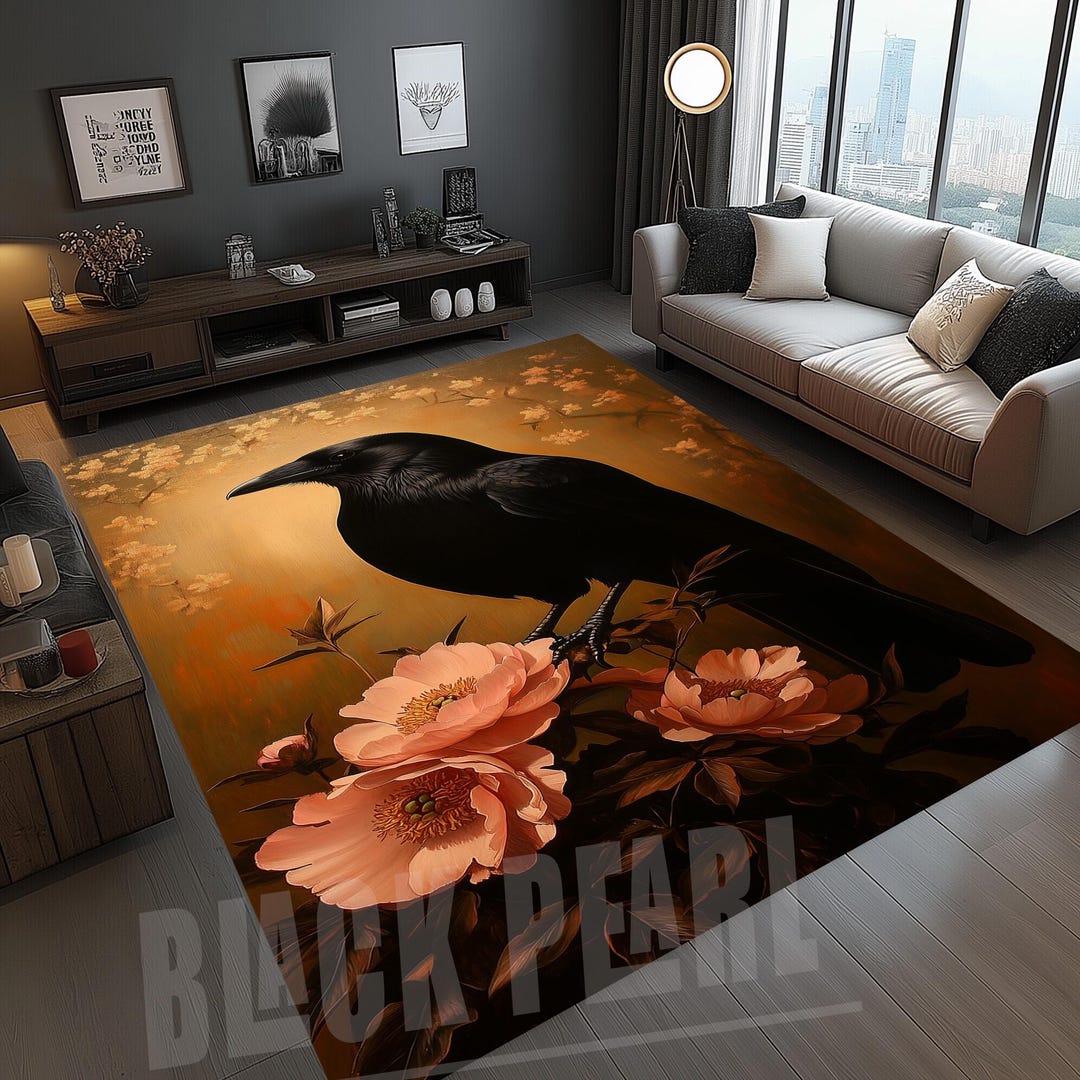 Crow & Pink Flowers Rug: Modern Bird Design, Velvet Soft - Etsy UK