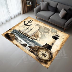 Tapis carte nautique, tapis boussole, carte, tapis de style vintage, tapis design tour, tapis décor mer, tapis sur le thème de l'ancre, tapis bateau moderne, nautique