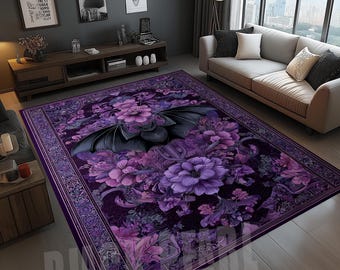 Alfombra de murciélago con flores moradas, decoración gótica para el hogar