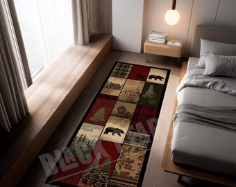 Tapete rústico para cabana, patchwork de urso e pinha, estilo chalé.