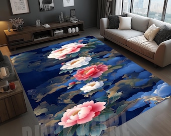 Blue Abstract Floral Rug: Modern Flowers Design, Non-Slip Cotton Base