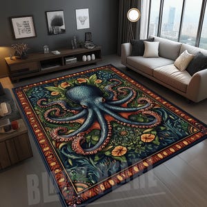 Tapis pieuvre, tapis pieuvre bleu, tapis décoratif pieuvre, carpette pieuvre, tapis pieuvre encadré, tapis sous la mer, tapis design fleurs, tapis animaux
