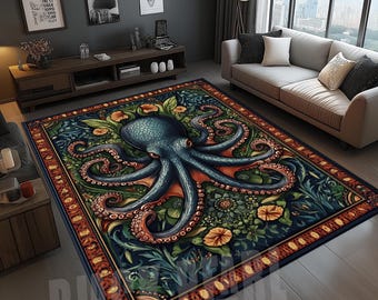 Blauer Kraken Teppich: Moderner Samt, Florales Meerestier Design