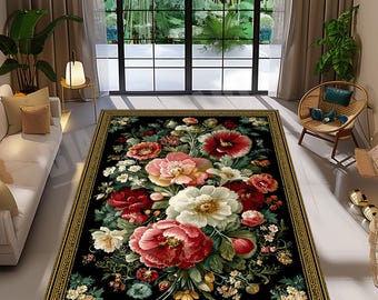 Luxury Floral Rug, Vintage Flower Rug, Classic Bloom Rug, Elegant Floral Rug, Dark Botanical Rug, Royal Garden Rug, Baroque Floral Rug
