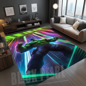 Hulk Kids Room Rug: Neon Superhero Design, Washable Velvet