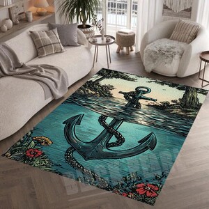 Nautical Anchor Rug: Floral Sea Decor, Non-Slip Cotton Base