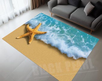 Starfish Sea Rug: Beach Waves Design, Non-Slip Cotton Base