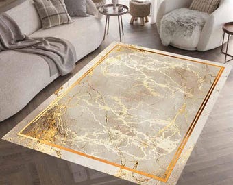 Beige Marble Area Rug: Gold Veins, Modern Decor