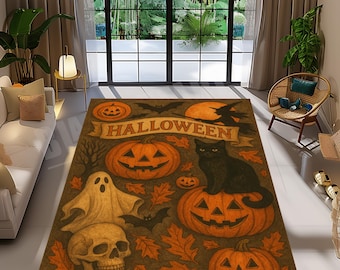 Pumpkin Halloween Rug: Spooky Autumn Decor, Non-Slip Cotton Base