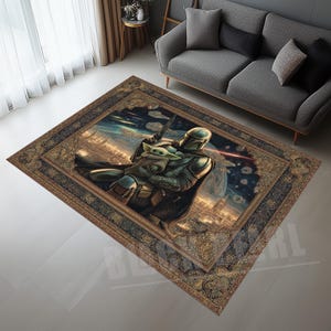 May include: Rectangular area rug featuring a detailed illustration of a character in armor holding a small green creature, set against a space-themed background. The rug has a decorative border with a vintage aesthetic, and is placed on a glossy white floor.