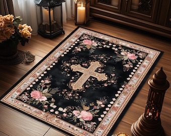 Personalized Catholic Prayer Rug: Cross Symbol, Christian Meditation Mat