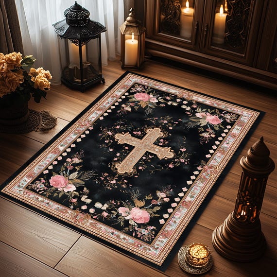 Personalized Catholic Prayer Rug: Cross Symbol, Christian Meditation Mat