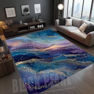 Teal Purple Gold Marble Area Rug: Modern Home Decor