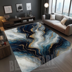 Blue and Gold Marble Area Rug: Modern Home Decor