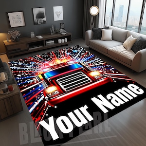 Fire Truck Rug: Custom Name, Kids Room Decor