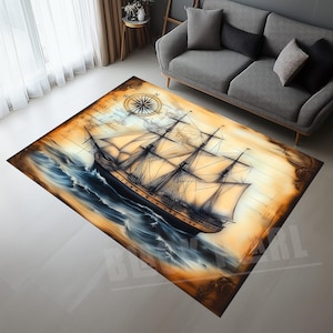 Schiff Teppich, Altes Schiff Deko, Kompass Design Teppich, Alte Karte, Ozean Teppich, Handwebteppich, Handgeknüpft