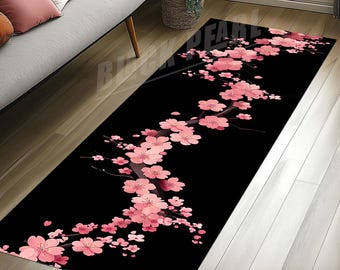 Sakura Rug: Pink Cherry Blossom Floral Runner, Modern Design